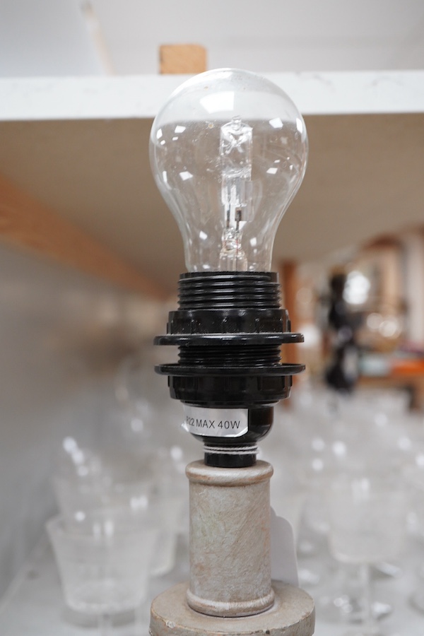 A pair of painted and carved wood lamps, 65cm to wood top